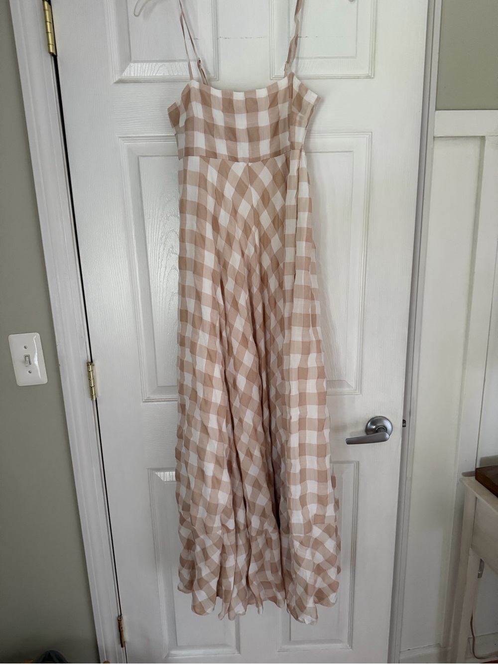 Beige and White Gingham Maxi Dress